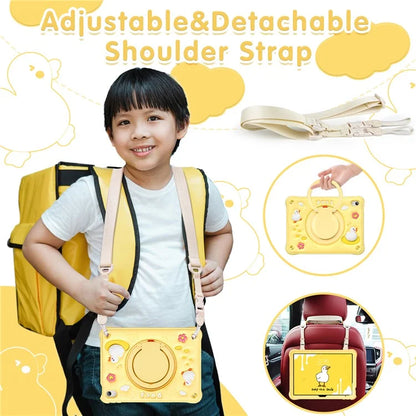 For iPad 10.9 (2022) Case with Shoulder Strap Cartoon Duck Kickstand PC+Silicone+TPU Tablet Cover
