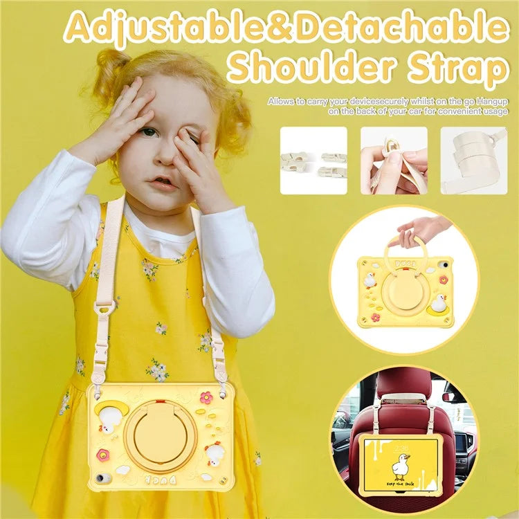 For iPad 10.9 (2022) Case with Shoulder Strap Cartoon Duck Kickstand PC+Silicone+TPU Tablet Cover