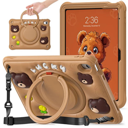 For iPad 10.9 (2022) Case with Shoulder Strap Kickstand PC+Silicone+TPU Cartoon Bear Tablet Cover