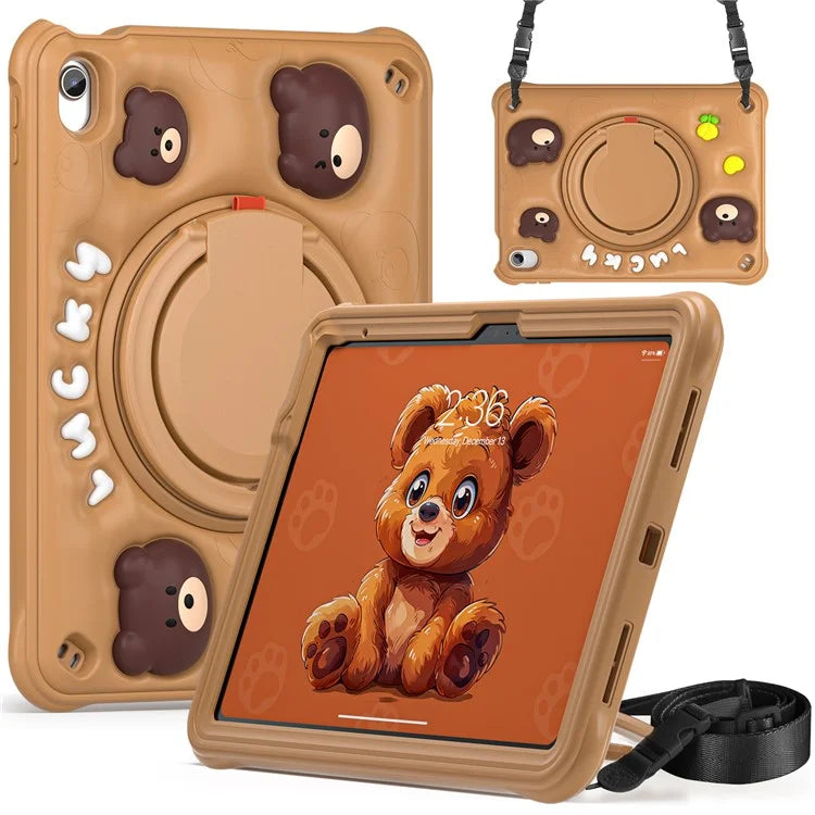 For iPad 10.9 (2022) Case with Shoulder Strap Kickstand PC+Silicone+TPU Cartoon Bear Tablet Cover