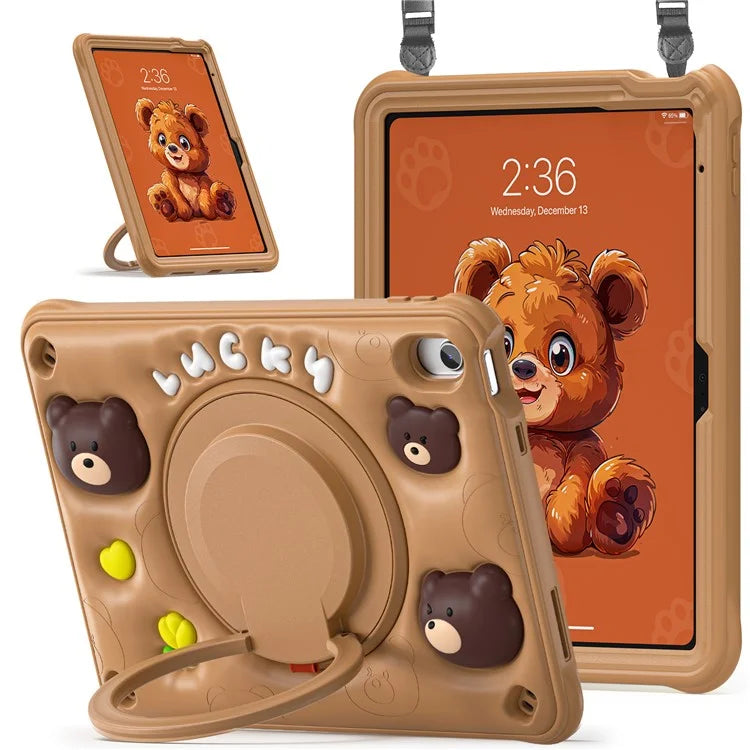For iPad 10.9 (2022) Case with Shoulder Strap Kickstand PC+Silicone+TPU Cartoon Bear Tablet Cover