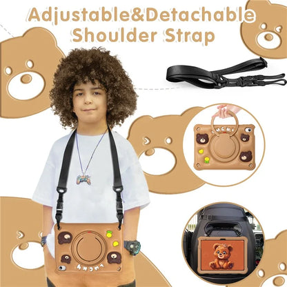For iPad 10.9 (2022) Case with Shoulder Strap Kickstand PC+Silicone+TPU Cartoon Bear Tablet Cover