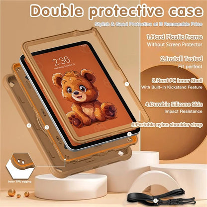 For iPad 10.9 (2022) Case with Shoulder Strap Kickstand PC+Silicone+TPU Cartoon Bear Tablet Cover