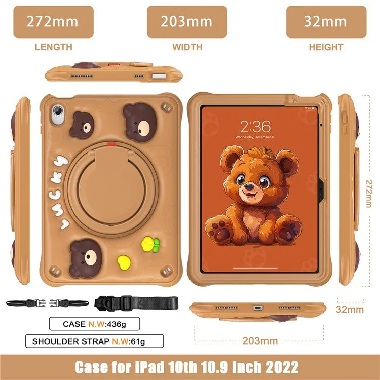 For iPad 10.9 (2022) Case with Shoulder Strap Kickstand PC+Silicone+TPU Cartoon Bear Tablet Cover