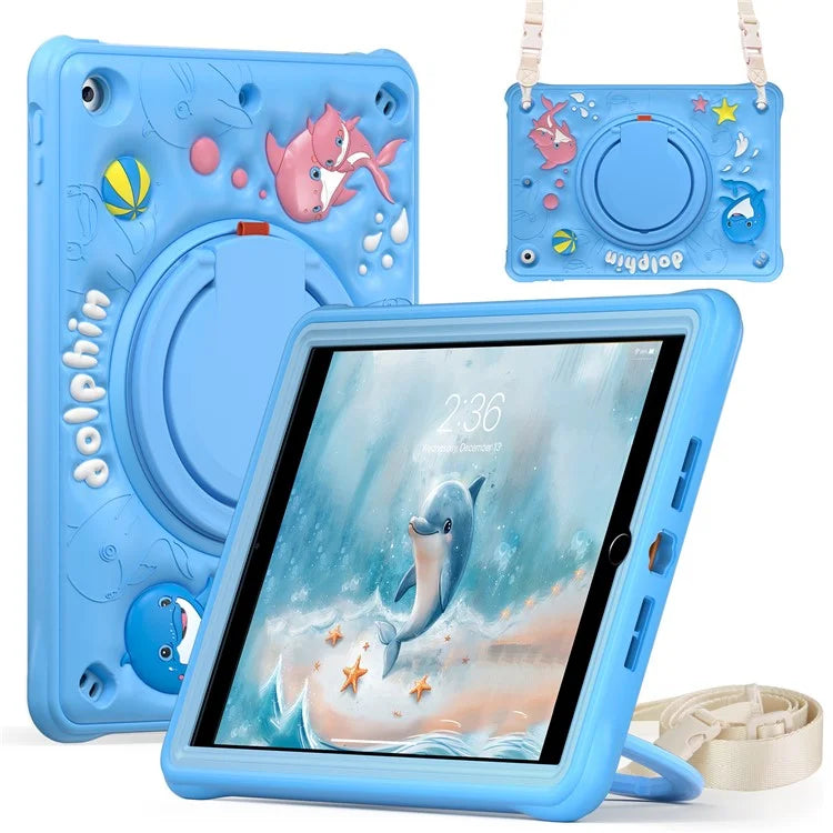 For iPad 10.2 (2021) / (2020) / (2019) Case with Shoulder Strap Cute Dolphin PC+Silicone+TPU Kickstand Tablet Cover