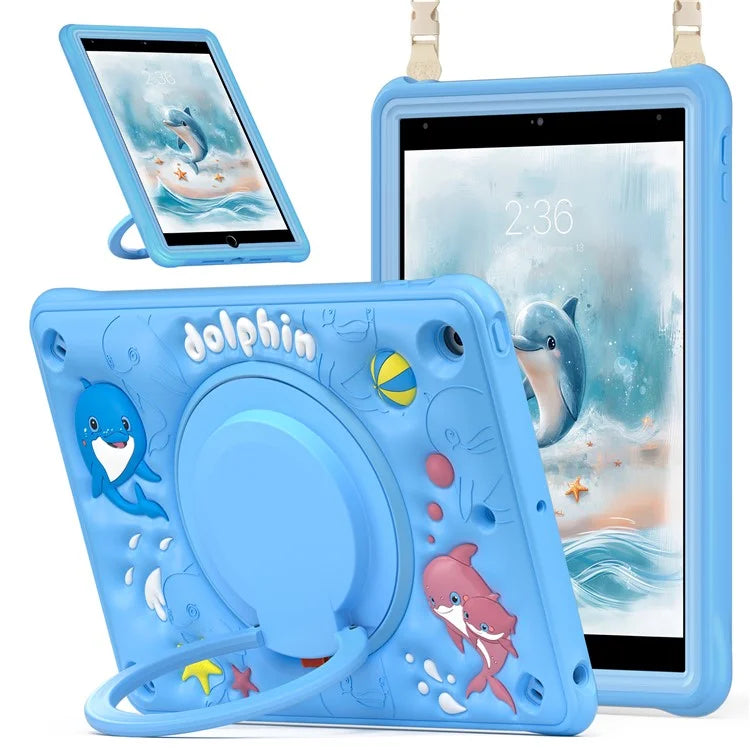 For iPad 10.2 (2021) / (2020) / (2019) Case with Shoulder Strap Cute Dolphin PC+Silicone+TPU Kickstand Tablet Cover