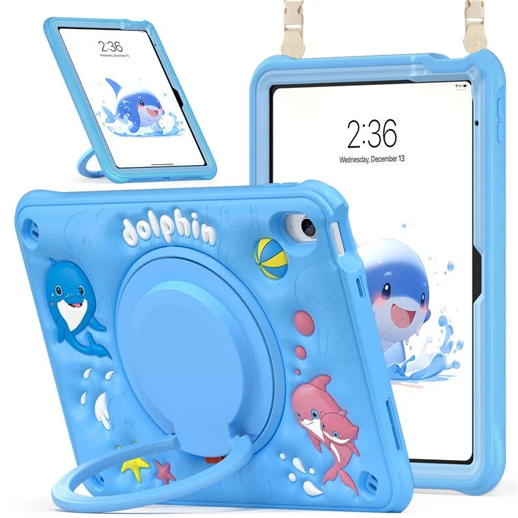 For iPad 10.9 (2022) Case with Shoulder Strap Cute Dolphin PC+Silicone+TPU Kickstand Tablet Cover
