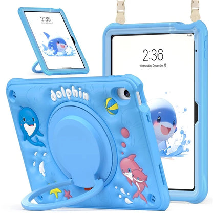 For iPad 10.9 (2022) Case with Shoulder Strap Cute Dolphin PC+Silicone+TPU Kickstand Tablet Cover