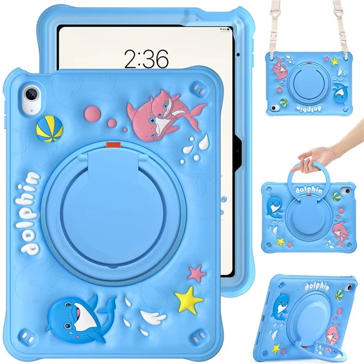 For iPad 10.9 (2022) Case with Shoulder Strap Cute Dolphin PC+Silicone+TPU Kickstand Tablet Cover