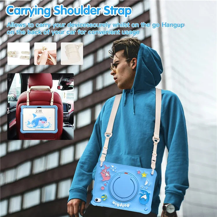 For iPad 10.9 (2022) Case with Shoulder Strap Cute Dolphin PC+Silicone+TPU Kickstand Tablet Cover