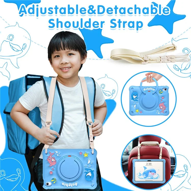 For iPad 10.9 (2022) Case with Shoulder Strap Cute Dolphin PC+Silicone+TPU Kickstand Tablet Cover