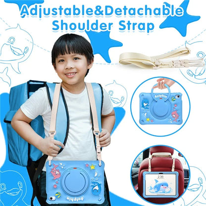For iPad 10.9 (2022) Case with Shoulder Strap Cute Dolphin PC+Silicone+TPU Kickstand Tablet Cover
