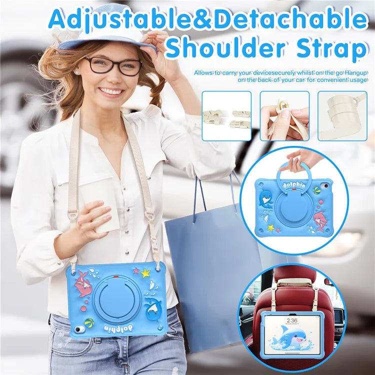 For iPad 10.9 (2022) Case with Shoulder Strap Cute Dolphin PC+Silicone+TPU Kickstand Tablet Cover