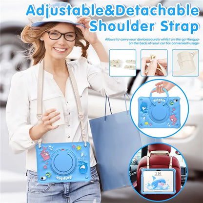For iPad 10.9 (2022) Case with Shoulder Strap Cute Dolphin PC+Silicone+TPU Kickstand Tablet Cover