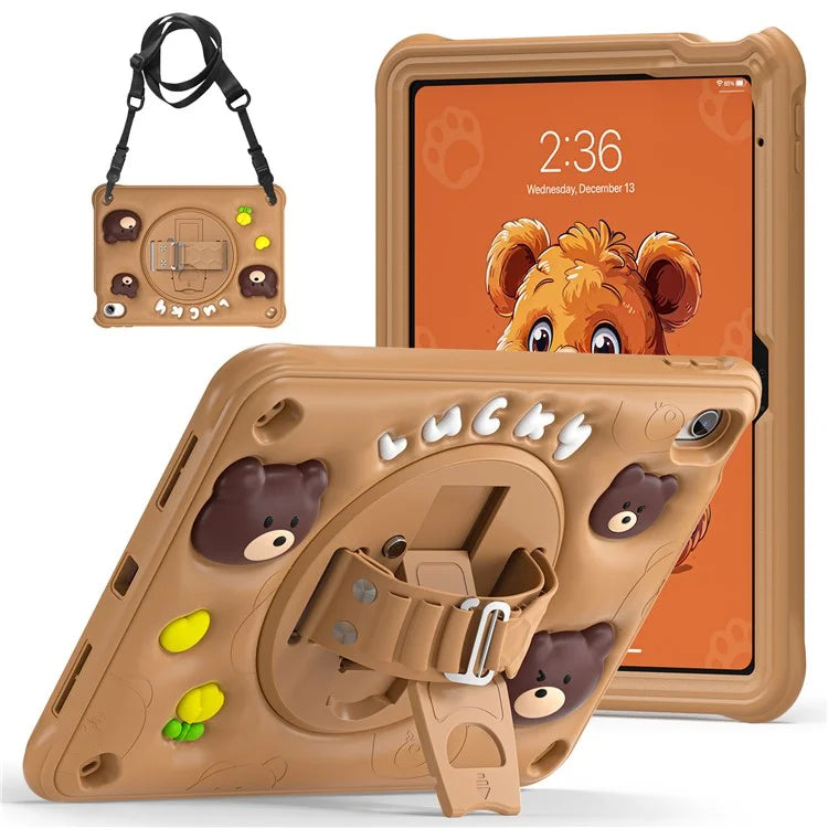 For iPad 10.9 (2022) Case with Shoulder Strap Bear Pattern PC+Silicone+TPU Kickstand Tablet Cover