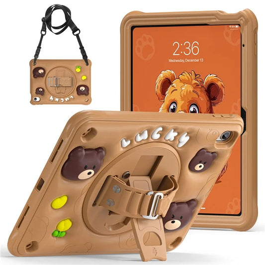 For iPad 10.9 (2022) Case with Shoulder Strap Bear Pattern PC+Silicone+TPU Kickstand Tablet Cover