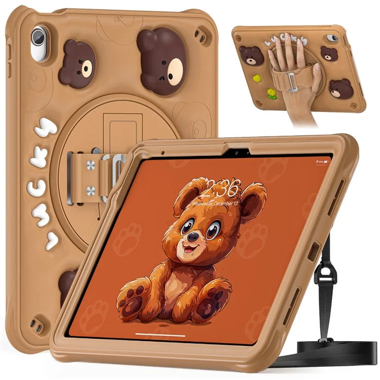 For iPad 10.9 (2022) Case with Shoulder Strap Bear Pattern PC+Silicone+TPU Kickstand Tablet Cover