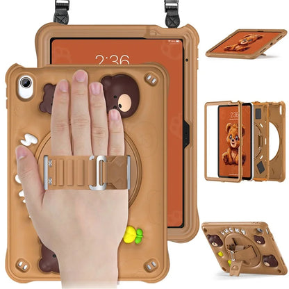 For iPad 10.9 (2022) Case with Shoulder Strap Bear Pattern PC+Silicone+TPU Kickstand Tablet Cover