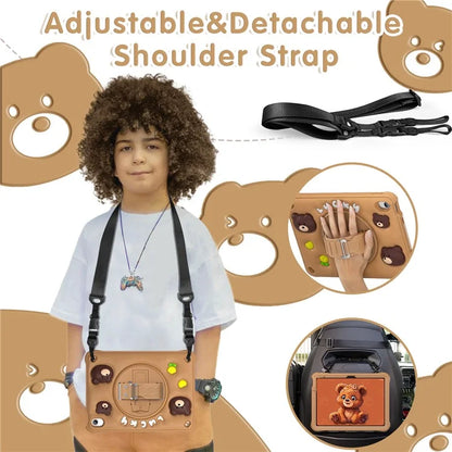 For iPad 10.9 (2022) Case with Shoulder Strap Bear Pattern PC+Silicone+TPU Kickstand Tablet Cover