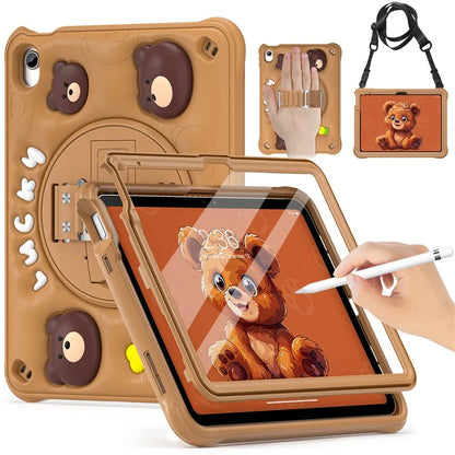 For iPad 10.9 (2022) Case with Shoulder Strap Bear Pattern PC+Silicone+TPU Kickstand Tablet Cover