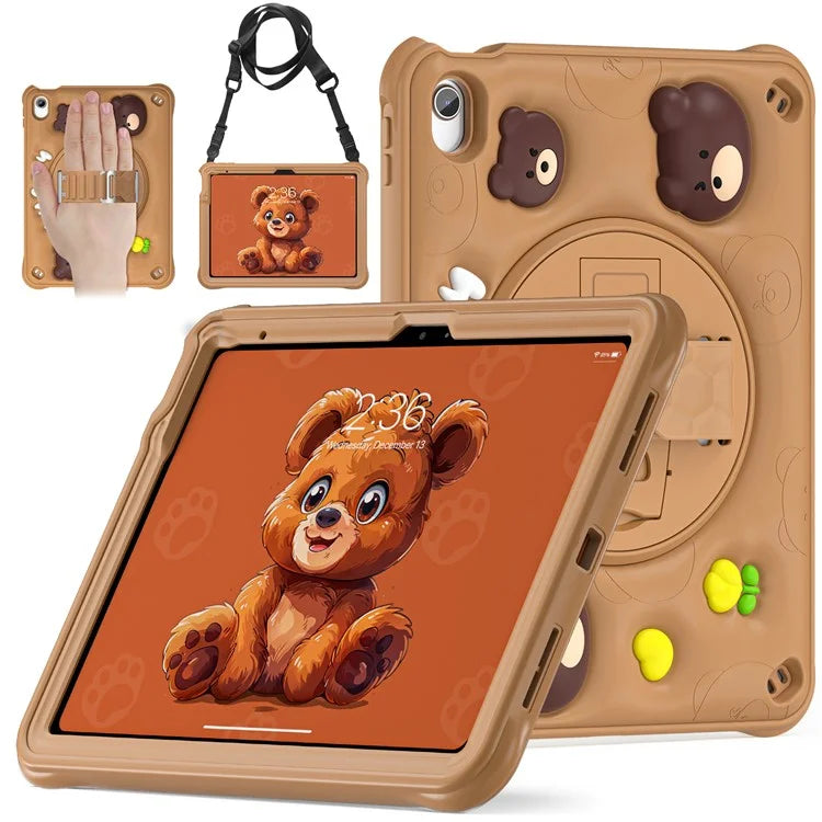 For iPad 10.9 (2022) Case with Shoulder Strap Bear Pattern PC+Silicone+TPU Kickstand Tablet Cover