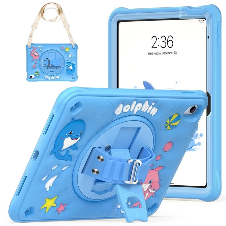 For iPad 10.9 (2022) Case with Shoulder Strap Kickstand PC+Silicone+TPU Cute Dolphin Cover