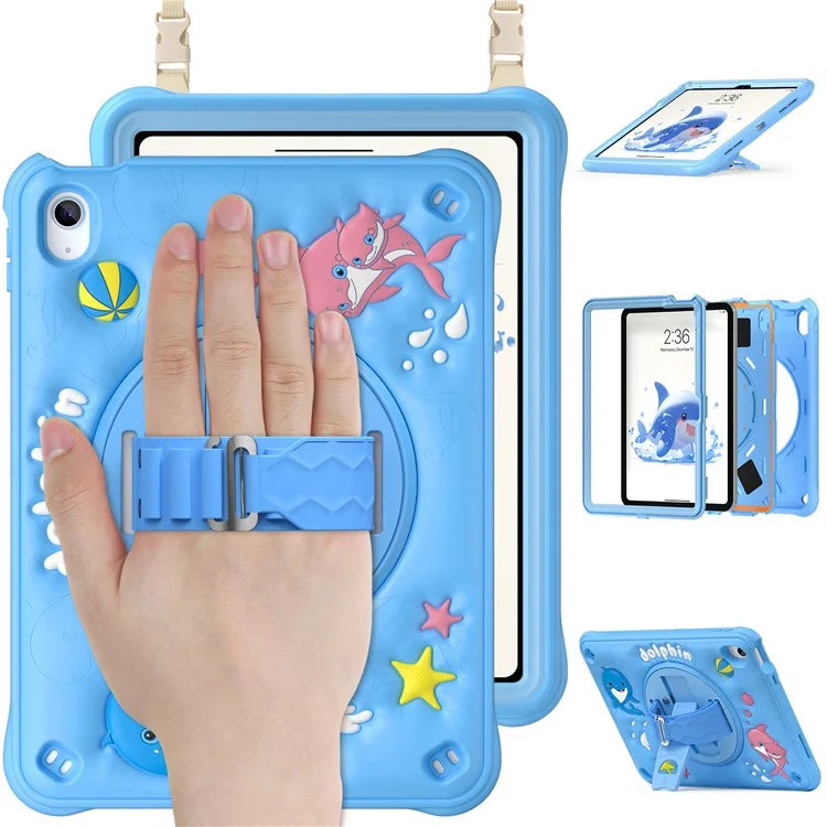 For iPad 10.9 (2022) Case with Shoulder Strap Kickstand PC+Silicone+TPU Cute Dolphin Cover