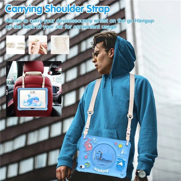 For iPad 10.9 (2022) Case with Shoulder Strap Kickstand PC+Silicone+TPU Cute Dolphin Cover