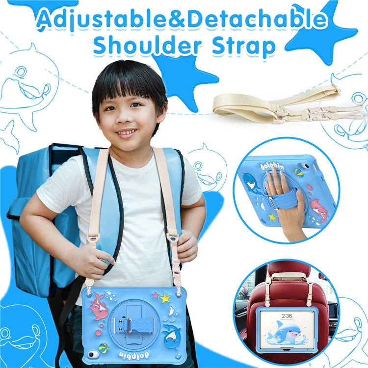 For iPad 10.9 (2022) Case with Shoulder Strap Kickstand PC+Silicone+TPU Cute Dolphin Cover