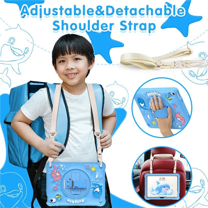 For iPad 10.9 (2022) Case with Shoulder Strap Kickstand PC+Silicone+TPU Cute Dolphin Cover