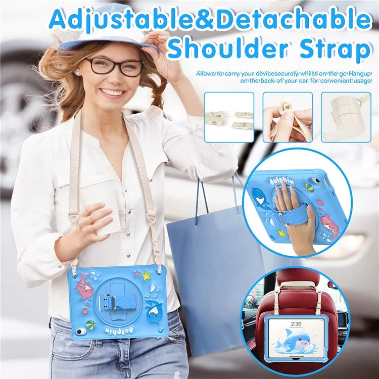 For iPad 10.9 (2022) Case with Shoulder Strap Kickstand PC+Silicone+TPU Cute Dolphin Cover