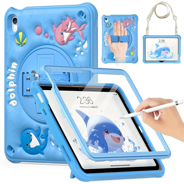 For iPad 10.9 (2022) Case with Shoulder Strap Kickstand PC+Silicone+TPU Cute Dolphin Cover