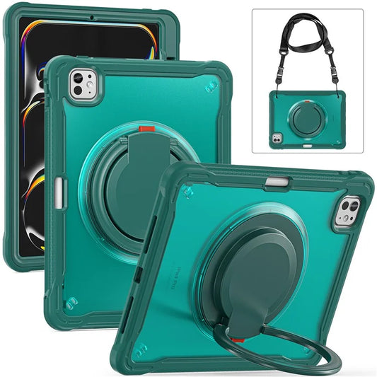 For iPad Pro 11 (2024) Case Rotary Kickstand PC+TPU+Silicone Cover with Shoulder Strap