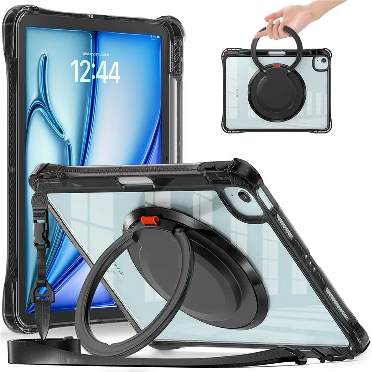 For iPad Air 11 (2024) / Air (2022) / (2020) / iPad Pro 11 (2022) / (2021) / (2020) / (2018) Case with Shoulder Strap Kickstand PC+TPU+Acrylic Cover
