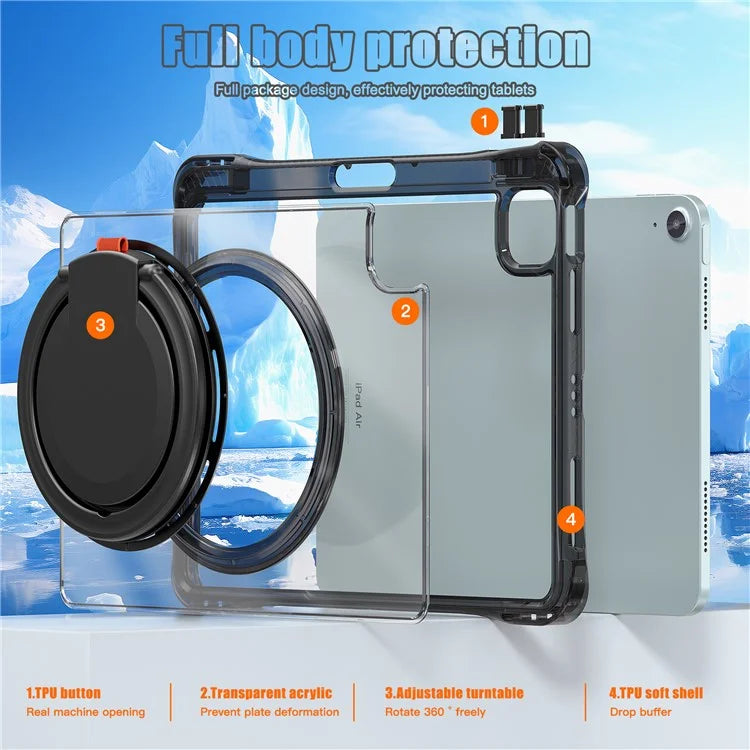 For iPad Air 11 (2024) / Air (2022) / (2020) / iPad Pro 11 (2022) / (2021) / (2020) / (2018) Case with Shoulder Strap Kickstand PC+TPU+Acrylic Cover