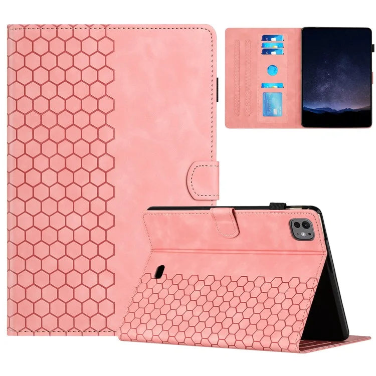 For iPad Pro 11 (2024) Case Honeycomb Printed Leather Tablet Cover with Card Slot