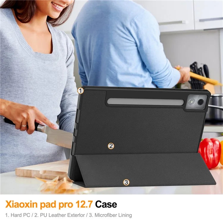For Lenovo Xiaoxin Pad Pro 12.7 (2025) Stand Case Shock-Absorbent Leather Tablet Cover with Pen Slot