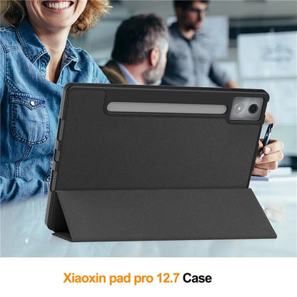For Lenovo Xiaoxin Pad Pro 12.7 (2025) Stand Case Shock-Absorbent Leather Tablet Cover with Pen Slot