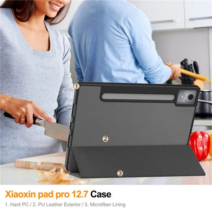 For Lenovo Xiaoxin Pad Pro 12.7 (2025) Stand Case Shock-Absorbent Leather Tablet Cover with Pen Slot