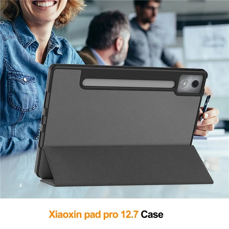 For Lenovo Xiaoxin Pad Pro 12.7 (2025) Stand Case Shock-Absorbent Leather Tablet Cover with Pen Slot