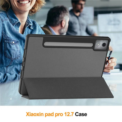For Lenovo Xiaoxin Pad Pro 12.7 (2025) Stand Case Shock-Absorbent Leather Tablet Cover with Pen Slot