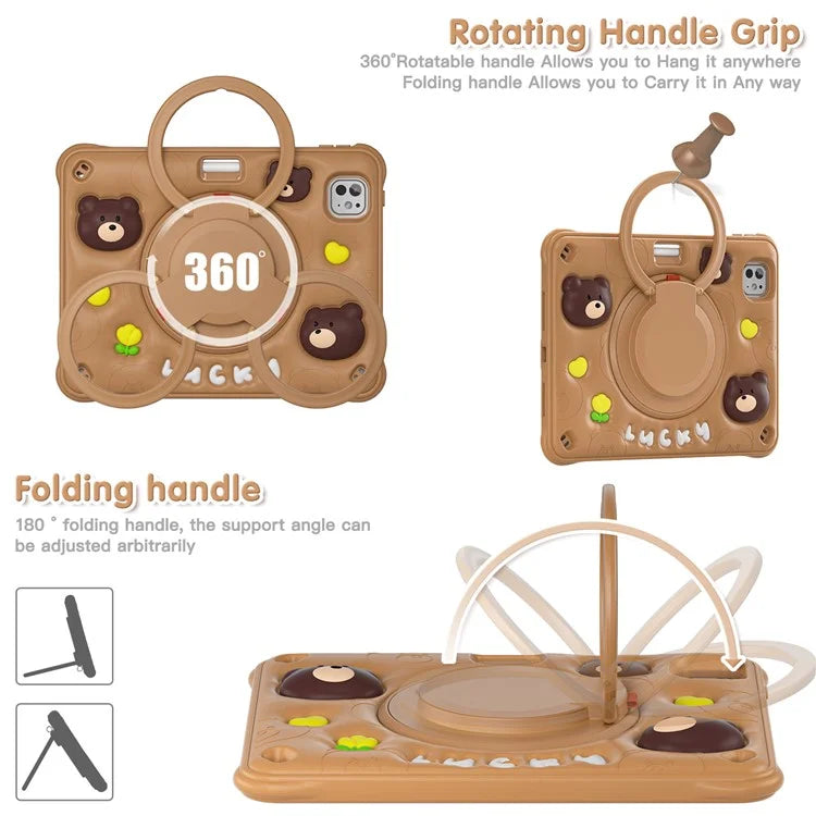 For iPad Pro 11 (2024) Case with Shoulder Strap Kickstand PC+Silicone+TPU Cartoon Bear Tablet Cover