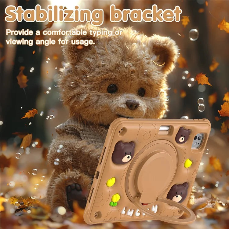 For iPad Pro 11 (2024) Case Kickstand PC+Silicone+TPU Cartoon Bear Tablet Cover