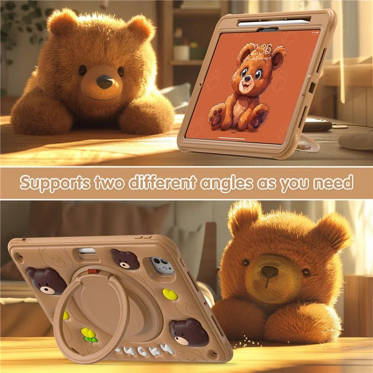 For iPad Pro 11 (2024) Case Kickstand PC+Silicone+TPU Cartoon Bear Tablet Cover