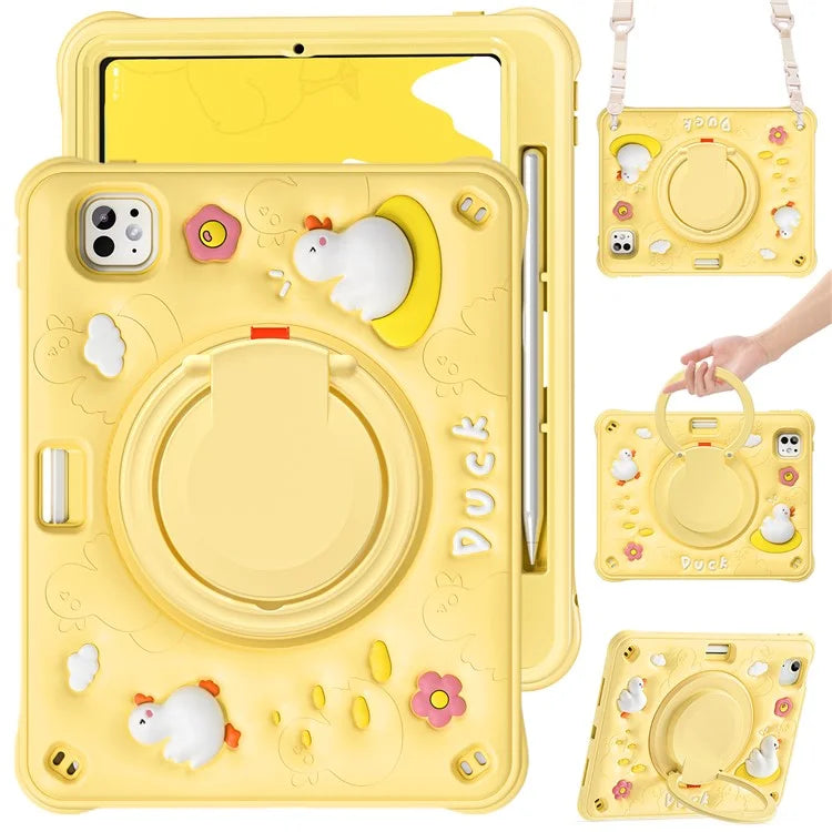 For iPad Pro 11 (2024) Case with Shoulder Strap Cartoon Duck Kickstand PC+Silicone+TPU Tablet Cover