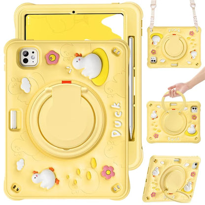 For iPad Pro 11 (2024) Case with Shoulder Strap Cartoon Duck Kickstand PC+Silicone+TPU Tablet Cover