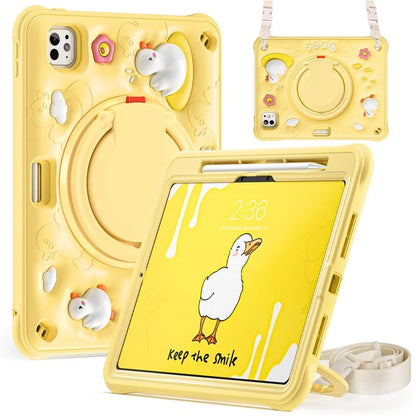 For iPad Pro 11 (2024) Case with Shoulder Strap Cartoon Duck Kickstand PC+Silicone+TPU Tablet Cover