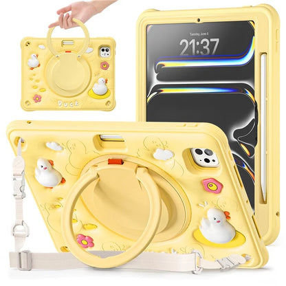 For iPad Pro 11 (2024) Case with Shoulder Strap Cartoon Duck Kickstand PC+Silicone+TPU Tablet Cover