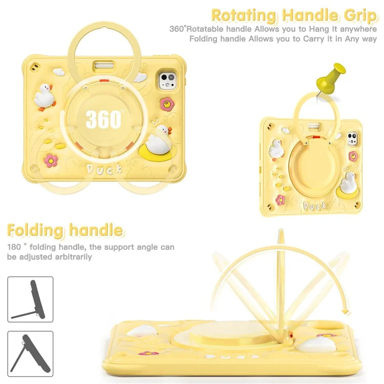 For iPad Pro 11 (2024) Case with Shoulder Strap Cartoon Duck Kickstand PC+Silicone+TPU Tablet Cover