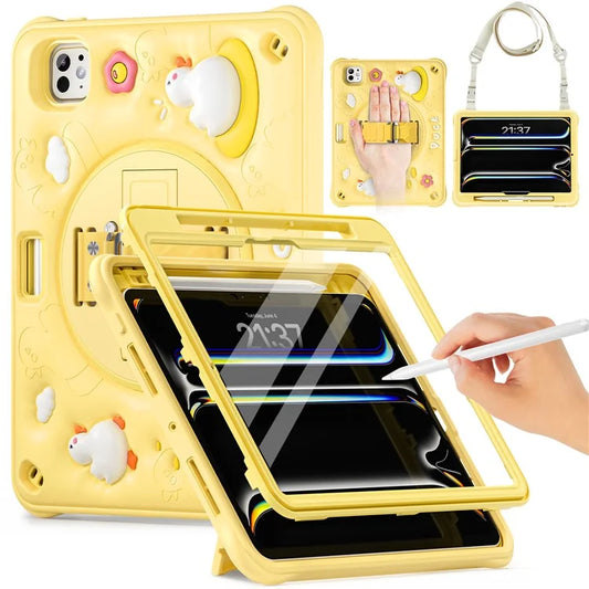 For iPad Pro 11 (2024) Case with Shoulder Strap Duck Pattern Hand Strap Kickstand PC+Silicone+TPU Cover